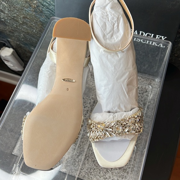 Badgley Mischka Marsha, Block Heel Rhinestone Sandals in Ivory Satin - Picture 12 of 14